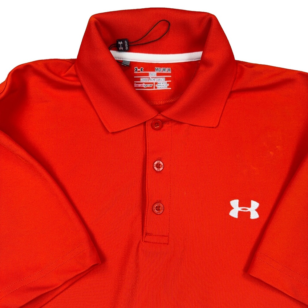 AdulUnder Armour Polo Shirt Men Medium Orange Loose Fit Heat Gear Wicking Golf